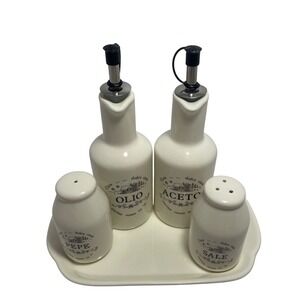 Tognana Italian Ceramic Oil & Vinegar Cruet Set w/ Salt & Pepper Shakers +‎ Tray